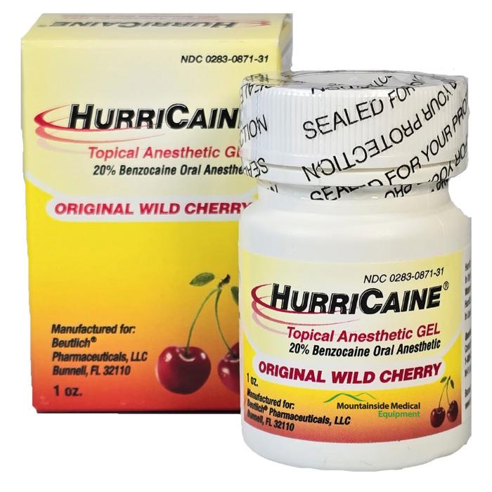 Bottle of HurriCaine Oral Pain Anesthetic Gel Wild Cherry flavor, offering fast gum and mouth pain relief with a soothing taste.