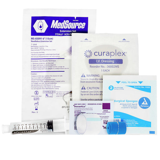 IV Start Kit with IV Guard Catheter Dressing, Extension Set, Flush Syringe 10mL, Prevantics swab and Tourniquet