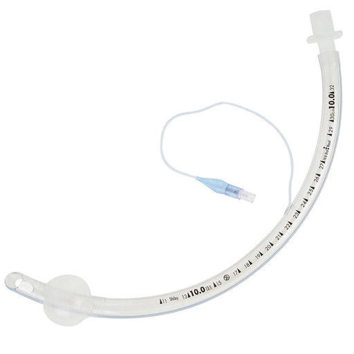 Close-up of the Shiley Endotracheal Tube Hi-Lo Cuffed 5.0 mm by Medtronic, featuring a clear design with an inflatable cuff for optimal airway management, anti-leak protection, and patient safety during intubation.