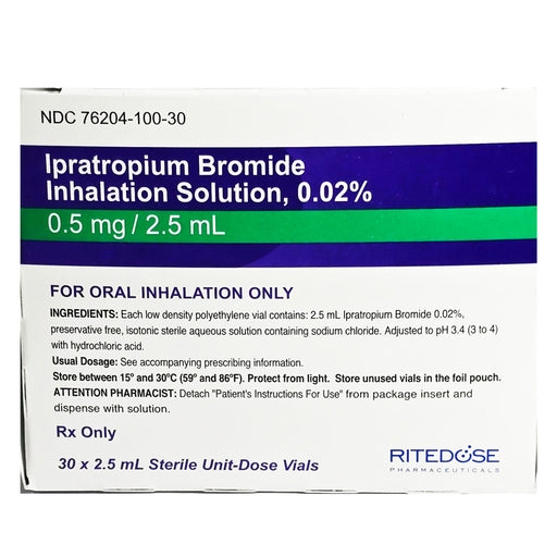 Box of Ipratropium Bromide 0.02% Inhalation Solution vials, used for managing COPD and asthma-related breathing issues.