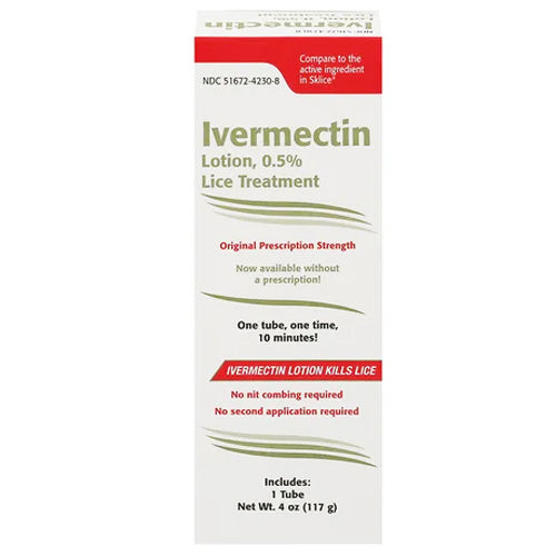 Image of Ivermectin Lotion 0.5% bottle, used for effective lice treatment, rosacea relief, and improving overall skin health.