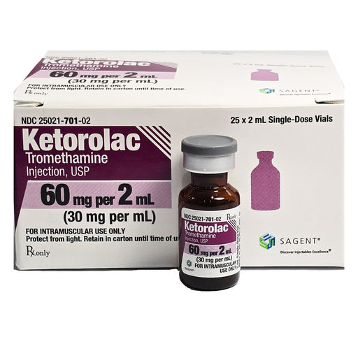 Ketorolac Tromethamine Injection 60 mg tray for acute pain management, anti-inflammatory effects, and postop pain relief in medical care.