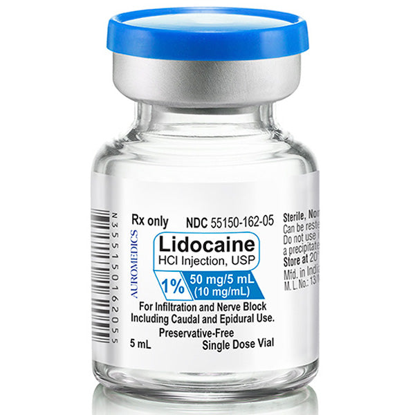 Lidocaine 2% Injection 5 ml Vial by Eugis US for effective local anesthesia; ideal for pain relief and minor surgical procedures.