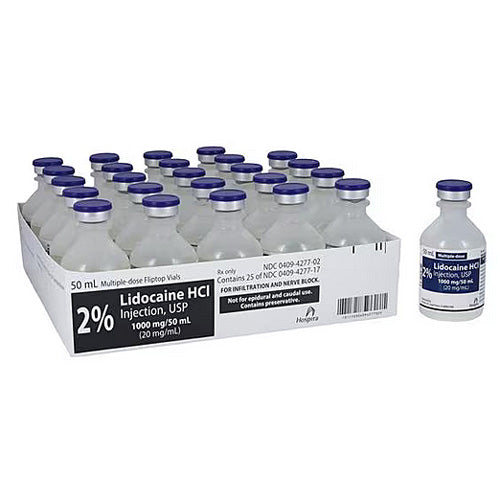 Lidocaine 2% for Injection 50 mL Multi-Dose 25/Tray by Pfizer (Rx) ensures effective anesthesia and pain relief.