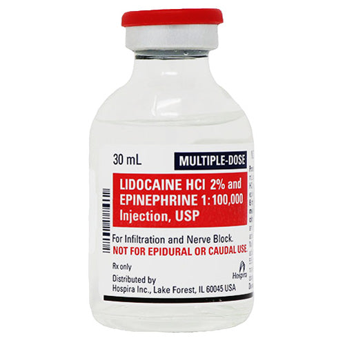 Lidocaine HCL 2% and Epinephrine 1% injection vial for local anesthesia, effective pain relief, and use in dental and minor surgical procedures.