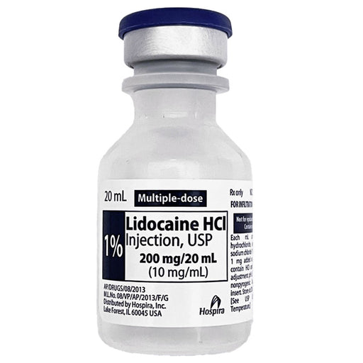 Lidocaine HCl 1% Injection 20 mL Vials, 25/Pack (RX) for effective local anesthesia and pain management.