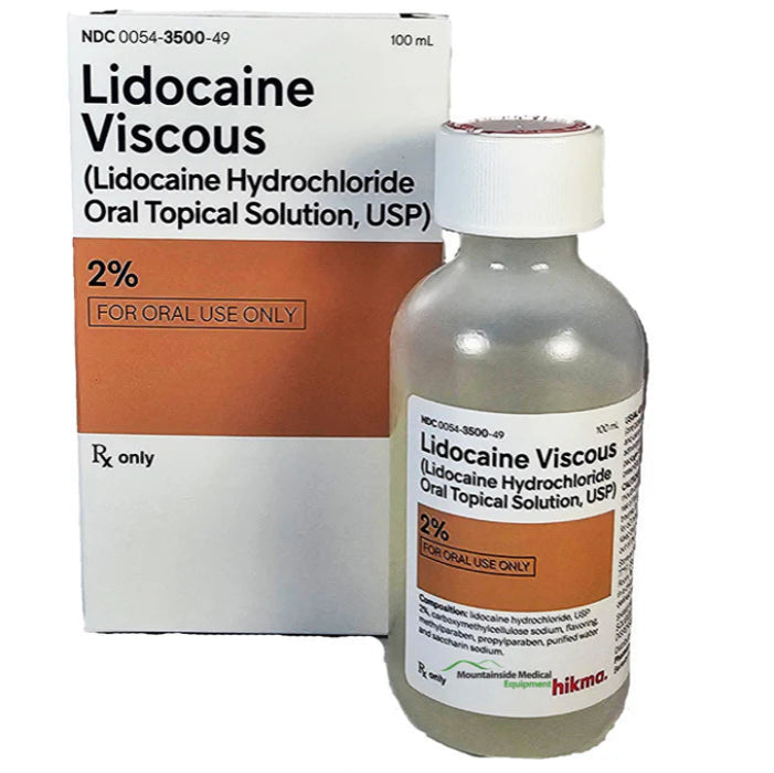 Lidocaine Viscous 2% Oral Solution bottle, used for numbing sore throats, relieving oral discomfort, and aiding in dental and throat procedures.