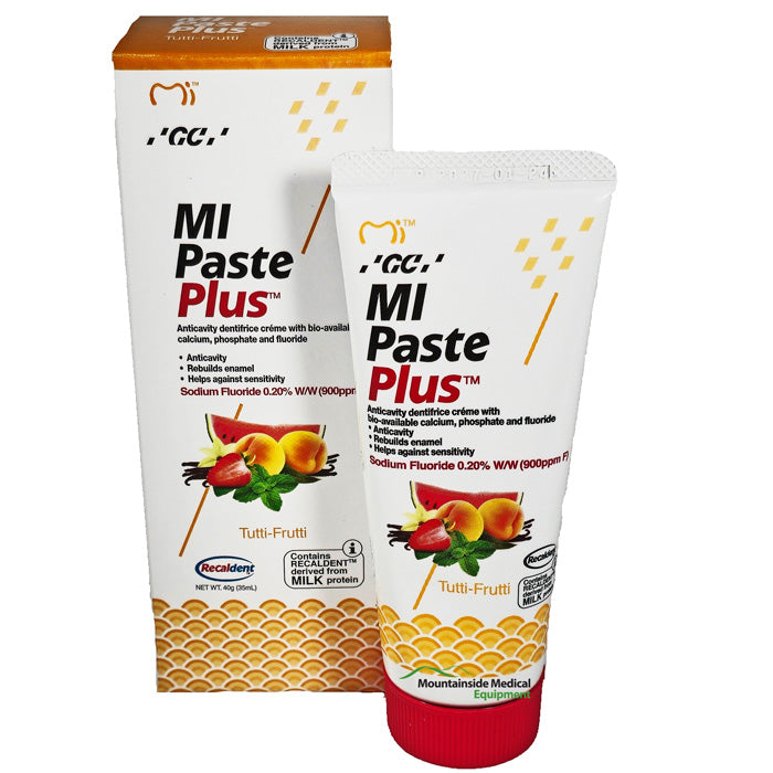 MI Paste Plus with Tutti Frutti Flavor, designed for enamel strength and cavity protection in oral health care.