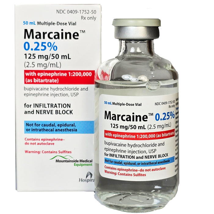 Marcaine (Bupivacaine Hydrochloride) 125 mg/50 mL with Epinephrine 1:200,000 vial for anesthesia and pain management in surgical procedures.