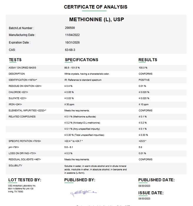 Certificate of Analysis for Methionine (L) USP For Compounding (API)