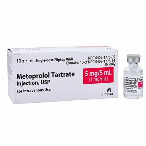 Metoprolol Tartrate Injection vial for managing hypertension, angina, and heart arrhythmias, crucial in acute cardiac care settings.