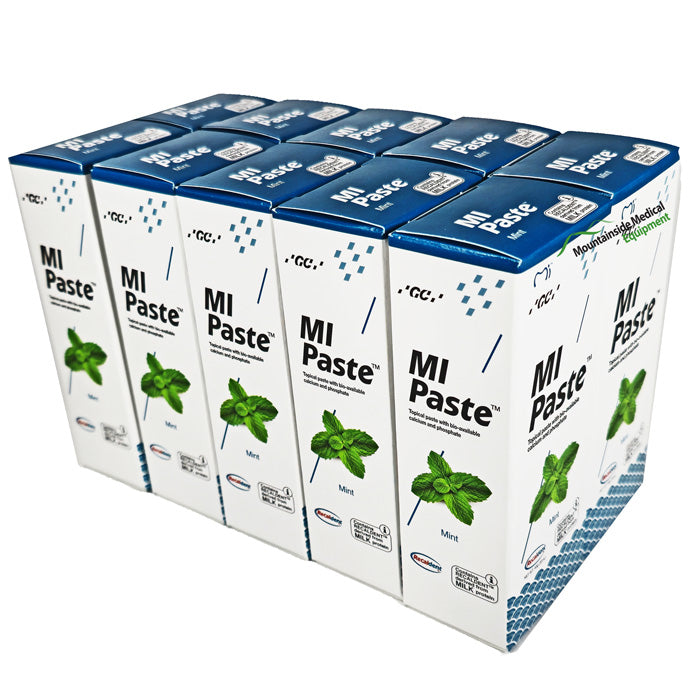 Mi Paste Mint tube with toothbrush, highlighting enamel strength, tooth sensitivity reduction, and cavity protection for oral health care.