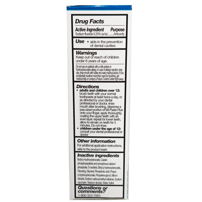 Drug Facts panel for Mi Paste Plus Mint for enamel support, cavity protection, and sensitivity relief, highlighted against a clean, white background.