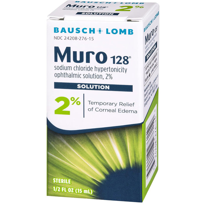 Muro 128 Sodium Chloride Ophthalmic Eye Solution 2% for reducing corneal edema, promoting relief, and supporting eye health.