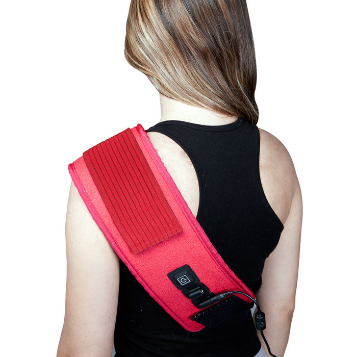 NerveBeam LED Red Light Therapy Wrap on shoulder, used to alleviate pain, reduce inflammation, and promote healing for muscle recovery.