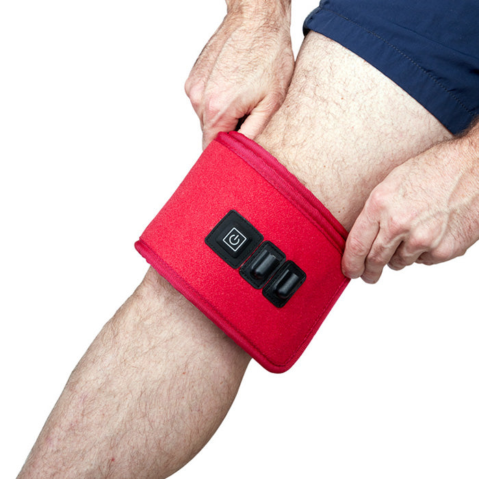 NerveBeam LED Red Light Therapy Wrap on knee, used for pain relief, reducing inflammation, and enhancing healing in joint and muscle recovery.