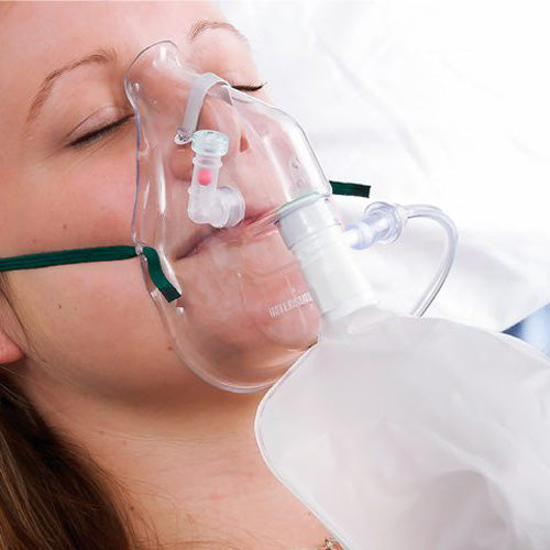 Image showing a Non-Rebreather Oxygen Mask on a patients face.