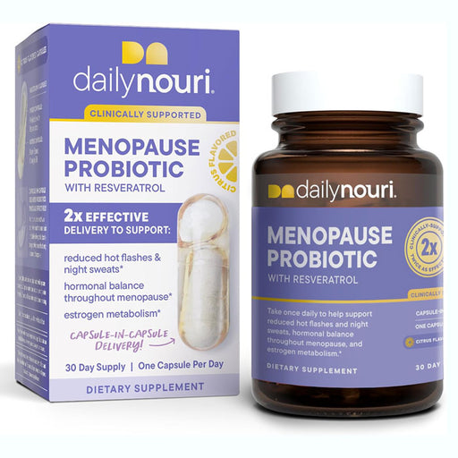 Nouri Menopause Probiotic with Resveratrol bottle for hormonal balance, gut health, and menopausal symptom relief.