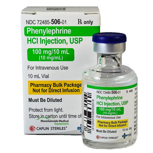 Phenylephrine Hydrochloride Injection 10 mL vial for blood pressure elevation, nasal congestion relief, and shock management in care settings.