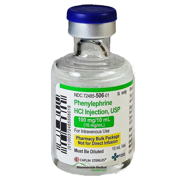 Phenylephrine Injection Vial used for blood pressure stabilization, treating shock, and managing nasal congestion in medical facilities.