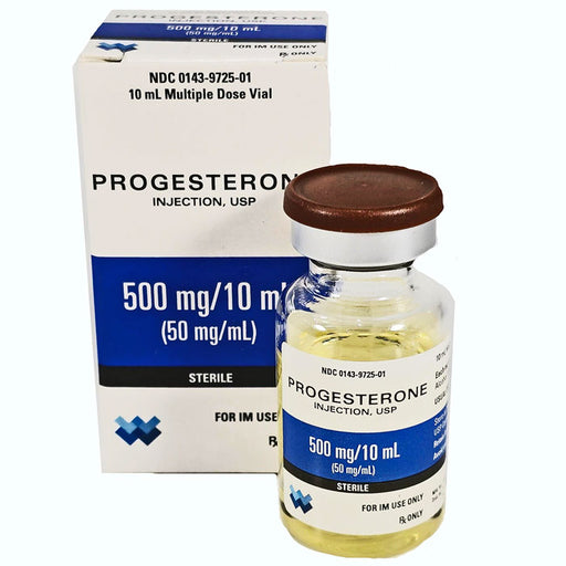 Progesterone Injection 500 mg Per 10 mL Multiple-Dose Vial for hormone therapy, menstrual regulation, and reproductive health.