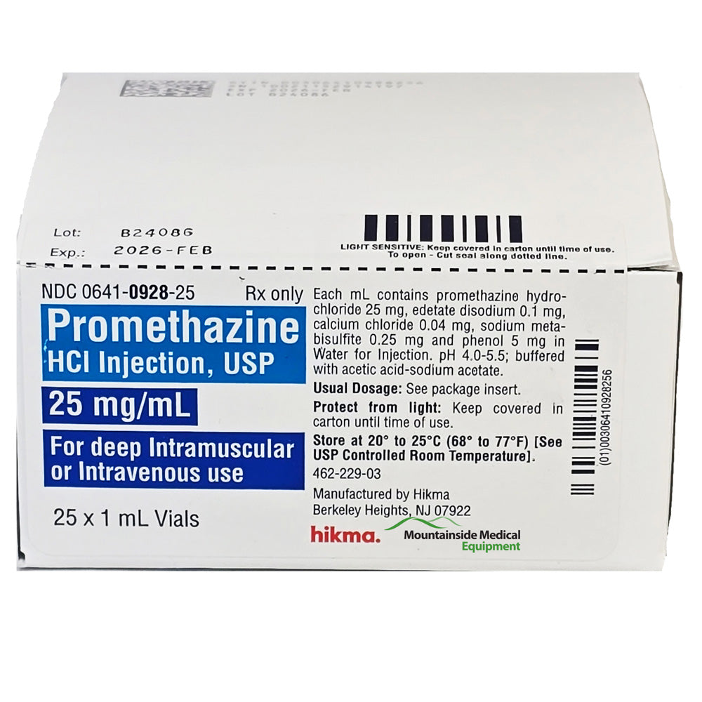 Promethazine HCL for Injection 25 mg vial on a sterile tray, essential for nausea control and allergy relief in medical treatments.