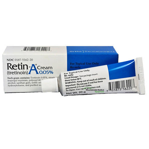 Close-up image of Retin-A Cream (Tretinoin) 0.05% 20 gram tube, a dermatologist-recommended treatment for acne and anti-aging, enhancing skin health.