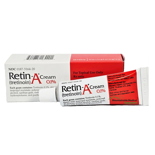 High-quality image of Retin-A Cream (Tretinoin) 0.1% Acne Medication tube, a potent skincare treatment known for its anti-aging and acne-fighting properties. This topical cream, highly recommended by dermatologists, is effective in reducing acne, promoting cell turnover, and improving skin texture. Used as part of a comprehensive skincare routine, it enhances skin health and clarity, helping you achieve a radiant complexion.