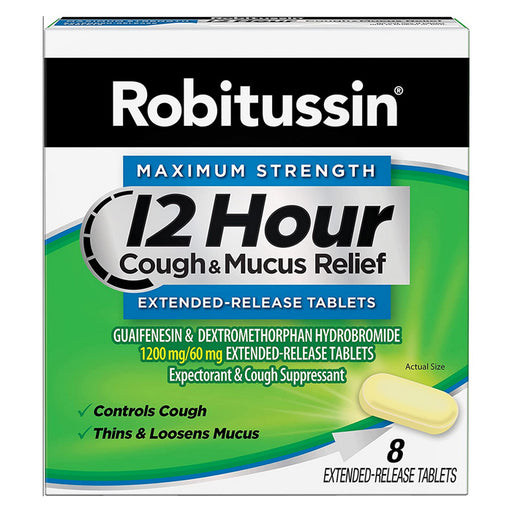 Robitussin Maximum Strength 12-Hour Cough and Mucus Relief, providing long-lasting chest congestion relief and throat soothing.