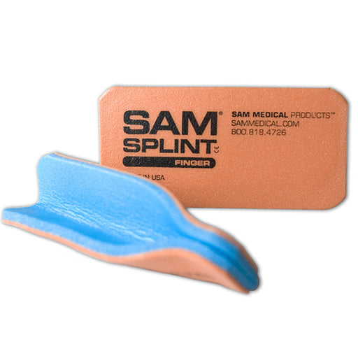 A Sam Finger Splint in vibrant orange and blue, sized 1.8" x 3.75", displayed on a table, emphasizing its role in injury recovery, finger stability, and orthopedic care for effective healing