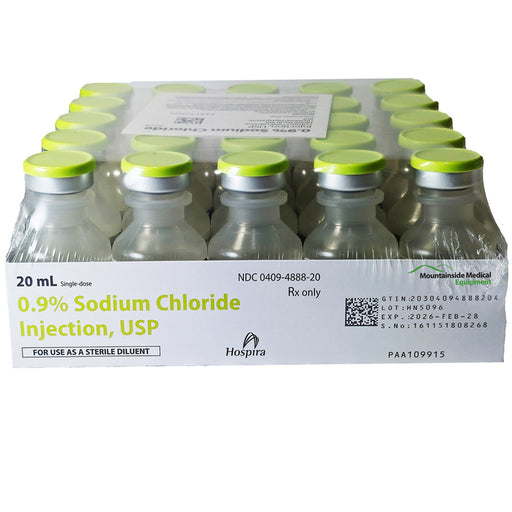 Sodium Chloride 0.9% For Injection 20 mL vial used for IV hydration, electrolyte balance, and medication dilution in healthcare.