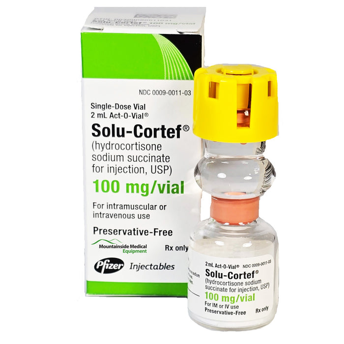 Solu-Cortef (Hydrocortisone Sodium Succinate) Injection 100 mg vial, used for anti-inflammatory treatment and managing adrenal insufficiency.