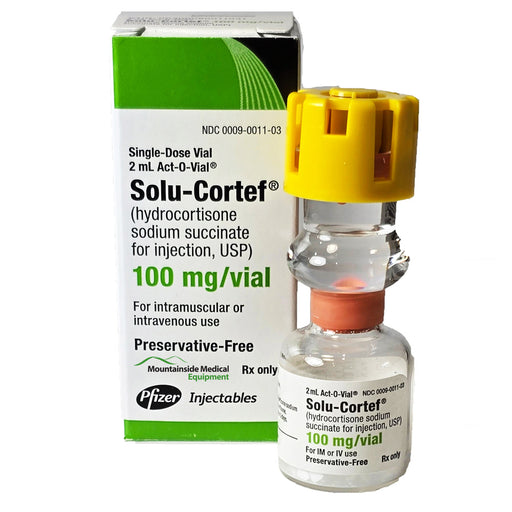 Solu-Cortef (Hydrocortisone Sodium Succinate) Injection vial for treating inflammation, adrenal insufficiency, and allergic reactions.