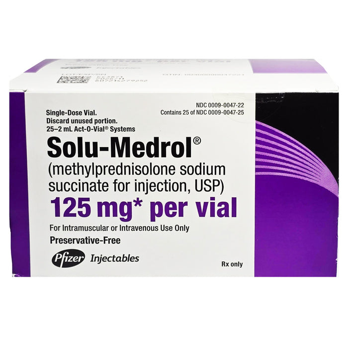 Image of Solu-Medrol 125 mg Injection, used for anti-inflammatory treatment, allergy relief, and managing severe asthma symptoms.