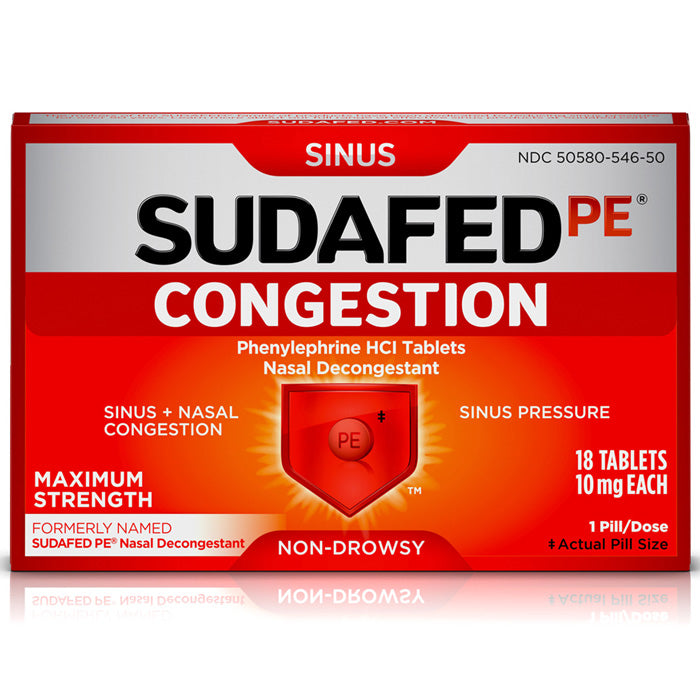 Sudafed PE Congestion, Maximum-Strength Sinus Pressure and Nasal Congestion Relief, 18 Count, relieves headaches, cold symptoms, and supports respiratory health.