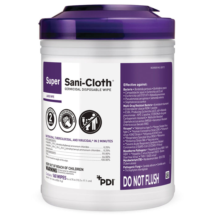 Canister of Super Sani Cloth Germicidal Disposable Wipes made by PDI Disposable. Product number Q55172