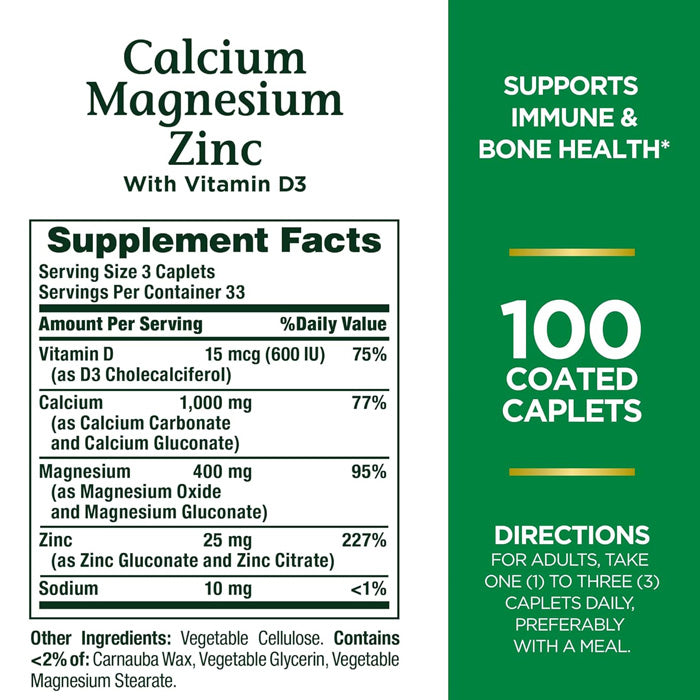 Supplement Facts for Calcium Magnesium Zinc Tablets by Nature's Bounty