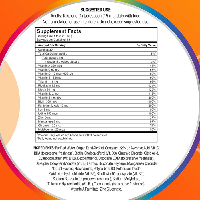 Centrum Liquid Multivitamin & Multimineral with C, E, beta-carotene for immune and health support, citrus flavor.