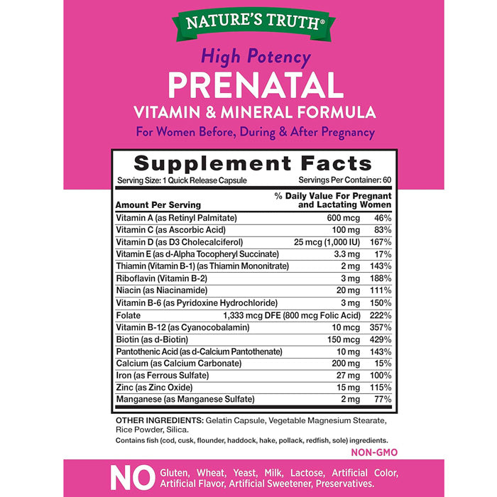 Supplement facts for Prenatal Vitamins and Mineral Formula by Natures Truth