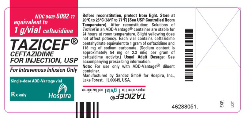 Tazicef (Ceftazidime Pentahydrate Injection) 1 Gram Vials Package Label for antibiotic treatment of severe respiratory and bacterial infections.