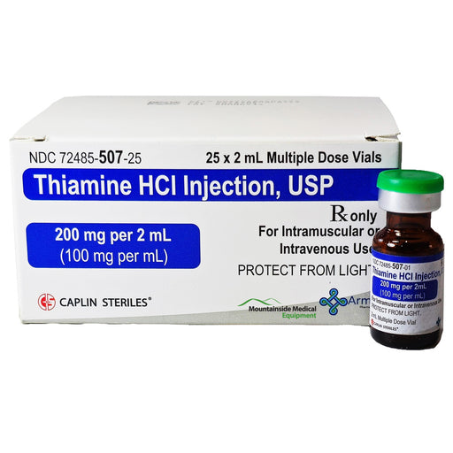 Thiamine HCl Injection (Vitamin B1) 200 mg vial used to treat vitamin B1 deficiency, supporting energy metabolism and nerve function.