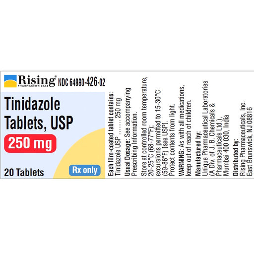 Image of Tinidazole 250 mg Tablets, used for treating bacterial infections, trichomoniasis, and giardiasis effectively.