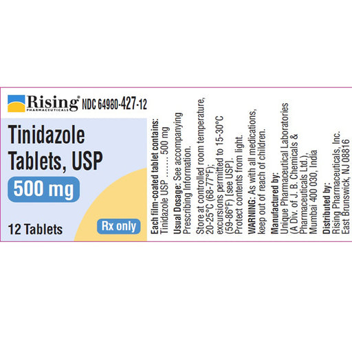 Image of Tinidazole 500 mg Tablets, used for treating bacterial infections such as trichomoniasis, giardiasis, and amoebic dysentery.