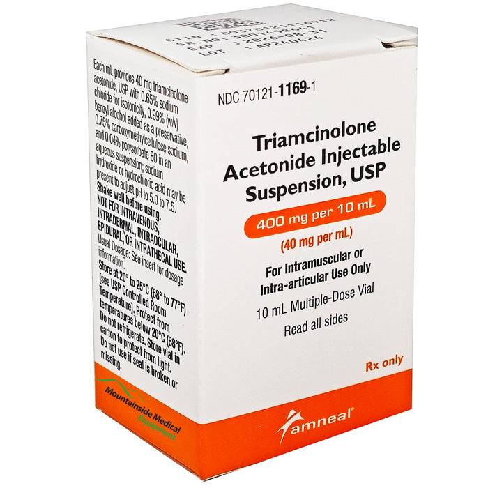 Triamcinolone Acetonide Injection 40 mg Vial by Amneal, used for reducing inflammation in joint pain and treating allergic conditions.