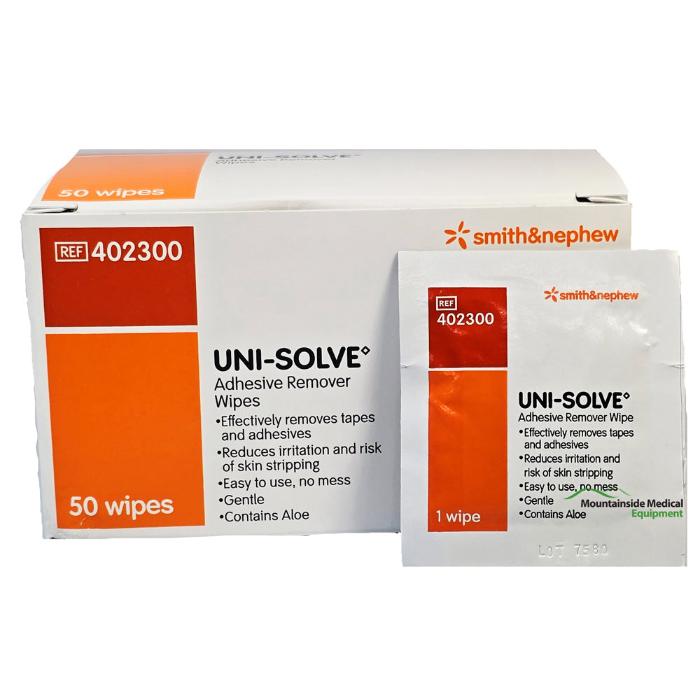 Uni-Solve Adhesive Remover Skin Wipes, 50/box for gentle adhesive removal and skin care.