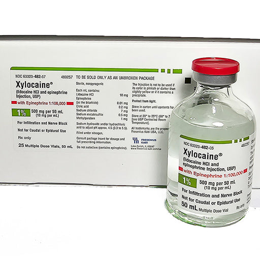 Image of Xylocaine Lidocaine 1% with Epinephrine 1:100000 Injection Multiple Dose Vial 50 mL, used for local anesthesia, pain management, and surgical procedures.