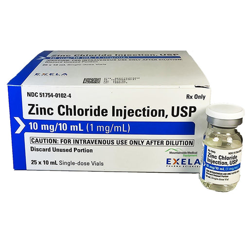 Zinc Chloride Injection 10 mg/10 mL vial for zinc supplementation and deficiency correction, essential for immune support and healing.