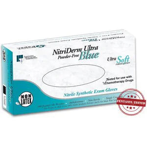 NitriDerm Nitrile Gloves, Blue, Powder-Free, Fentanyl & Chemo Tested. Safe, medical-grade, durable protection.