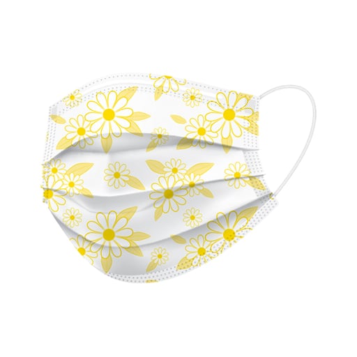 Face Mask, ASTM Level 3, Yellow & White Daises, 50/bx, EcoBee; provides superior protection and comfort.