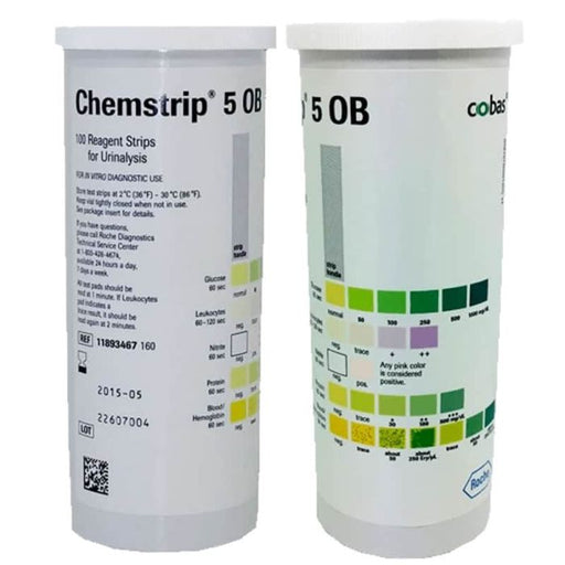 Roche Chemstrip 5 OB Urine Test Strips 100/Vial for thorough diagnostics and essential health monitoring.